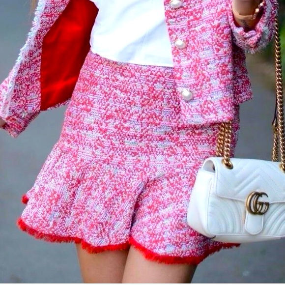 Zara Women’s Chic Red/White High Waist Tweed /Fringe Hem Mini Skirt Spring Sz S - Picture 1 of 3